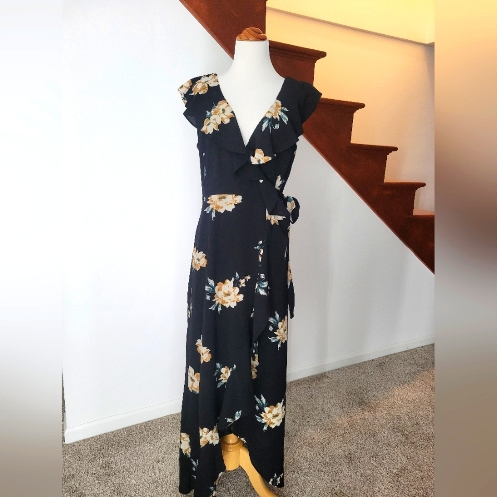 June & Hudson Black Floral Wrap Maxi‎ Dress Size S
